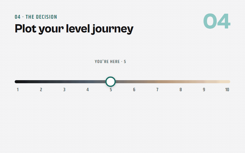 Animated: a dot travels along a 1 to 10 level scale from 5 to 8, then a '3 levels of lift — salon day' verdict appears.