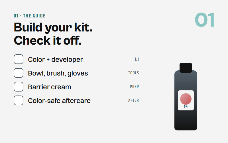 Animated: a four-item color kit checklist ticks off one by one, then a 'Kit complete' chip appears.